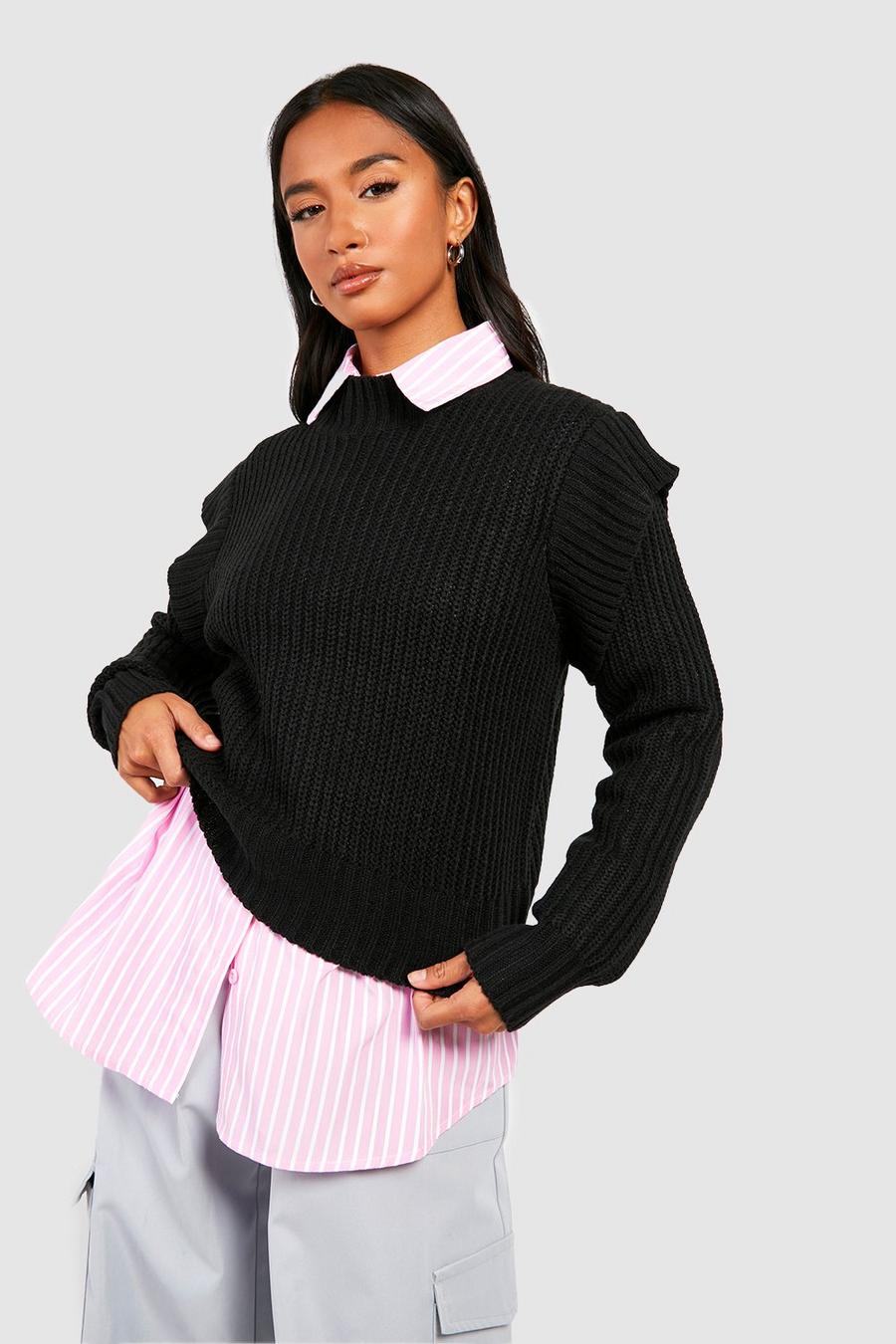 Black Petite Cable Knit Shoulder Detail Sweater image number 1