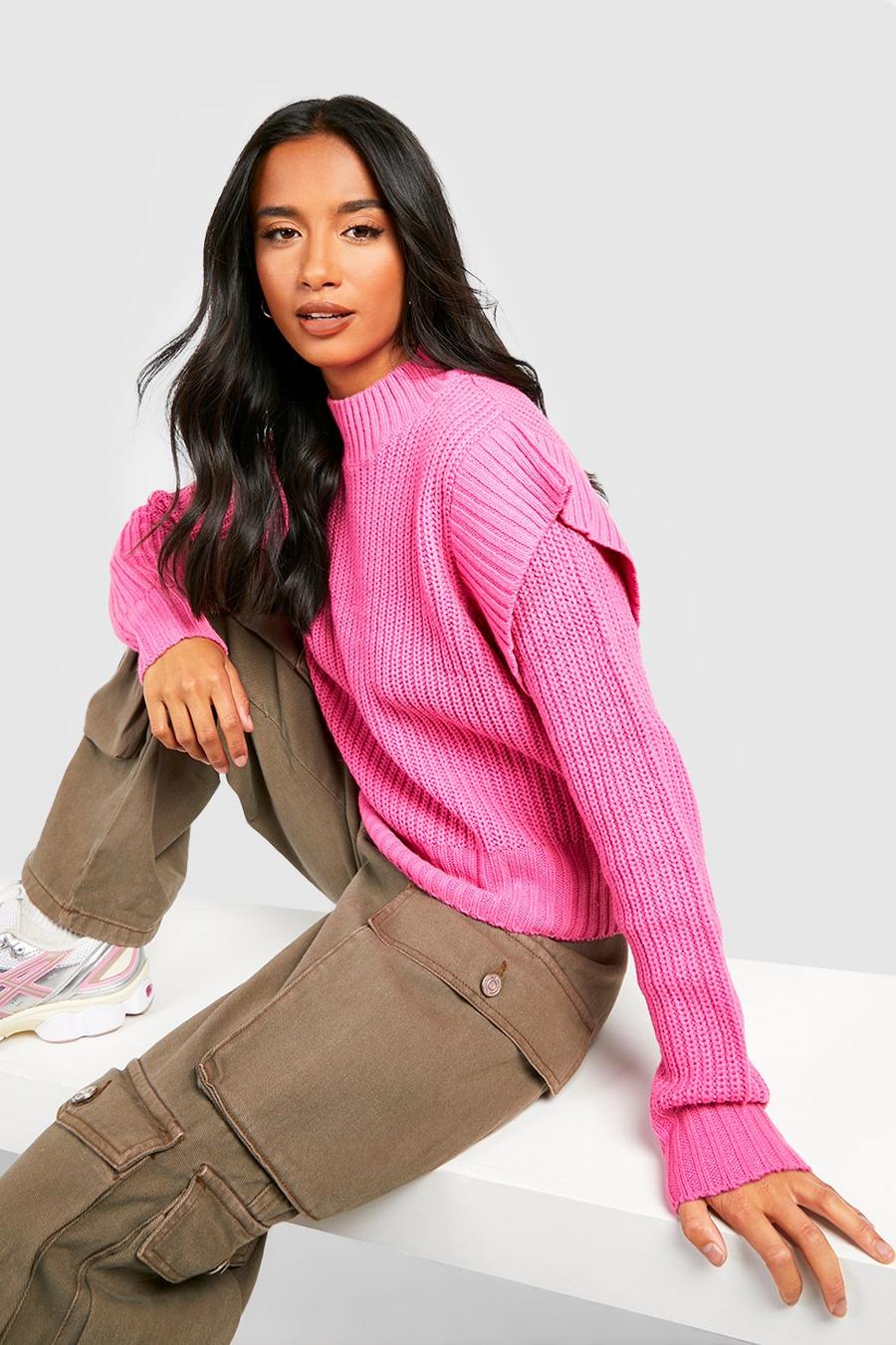 Pink Petite Cable Knit Shoulder Detail Sweater image number 1