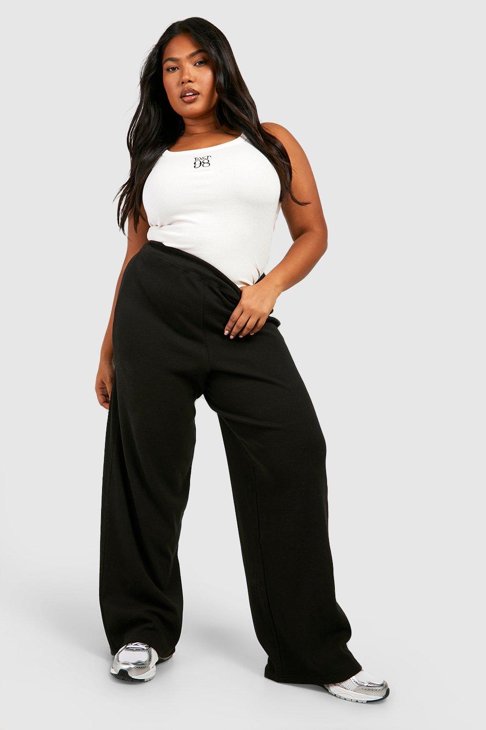 Plus Cotton Rib Basic Wide Leg Trousers boohoo IL