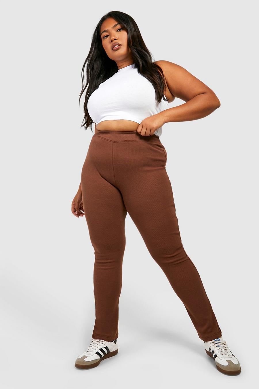 Pantaloni Plus Size Basic in cotone a coste con risvolti in vita, Chocolate image number 1