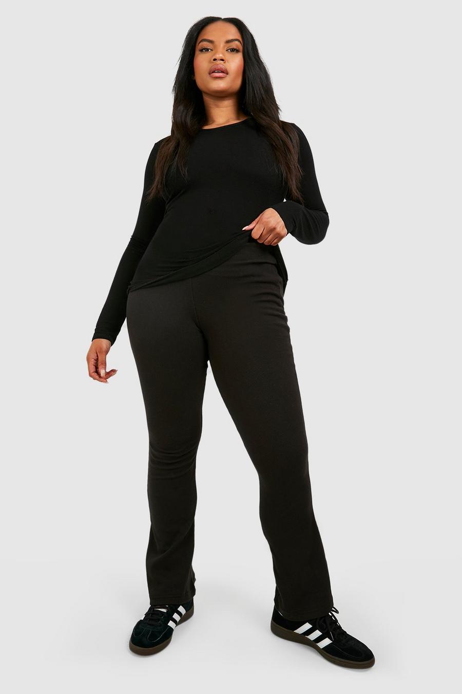 Grande taille - Pantalon flare côtelé basique en coton, Black image number 1