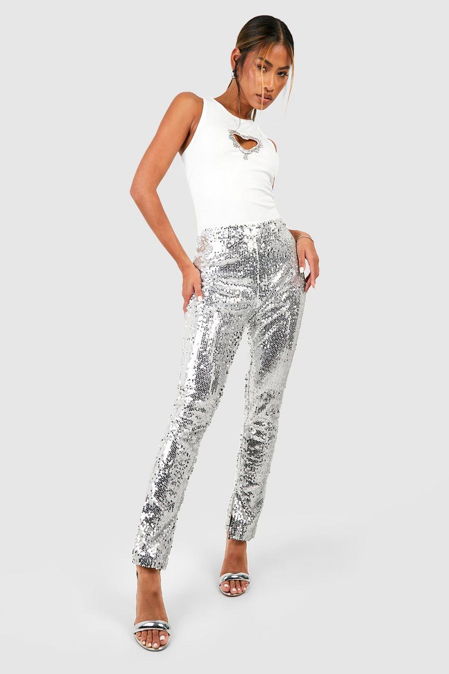 Silver Sequin Mid Rise Split Hem Pants image number 1