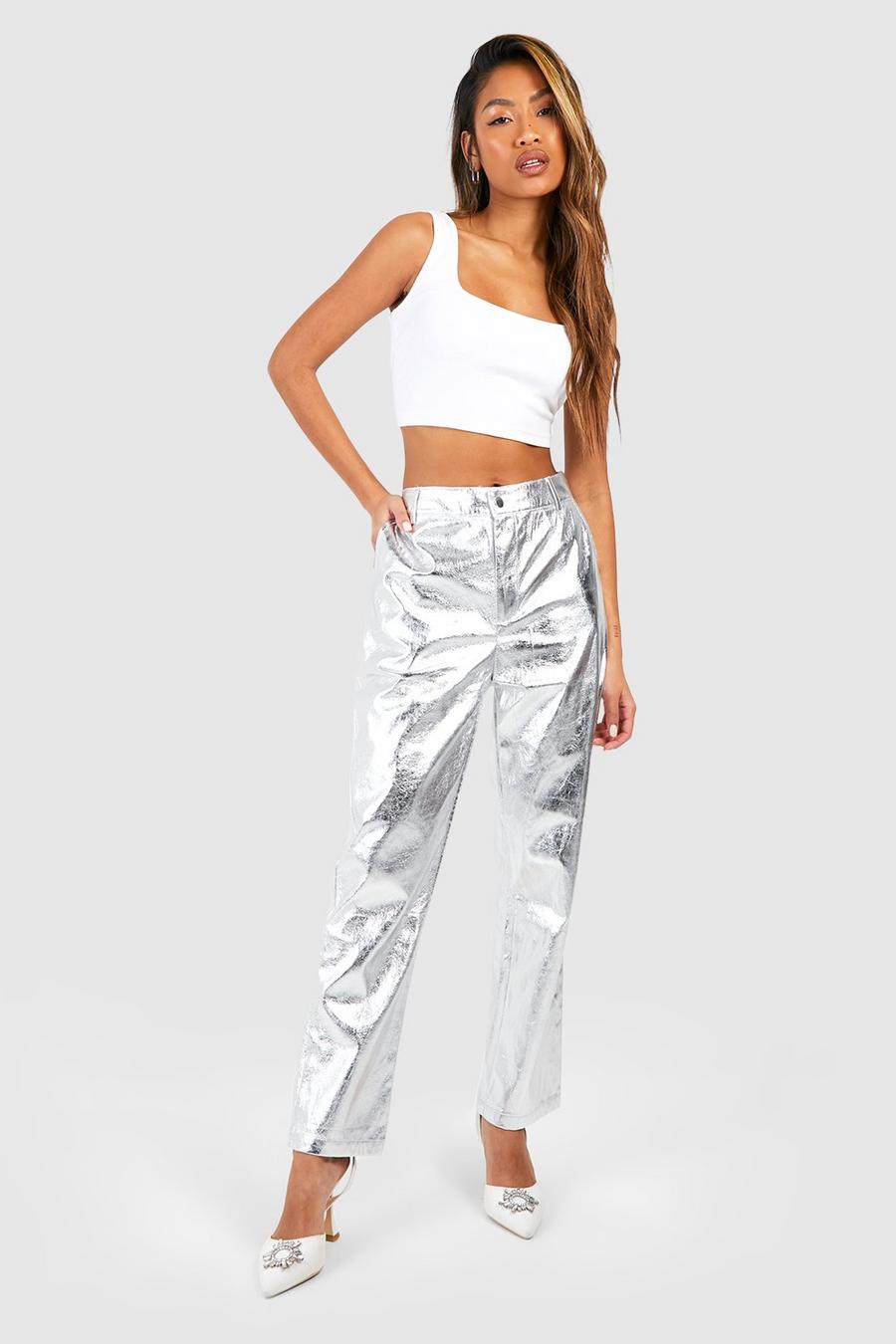 Silver Metallic Slim Fit High Waisted Trousers image number 1