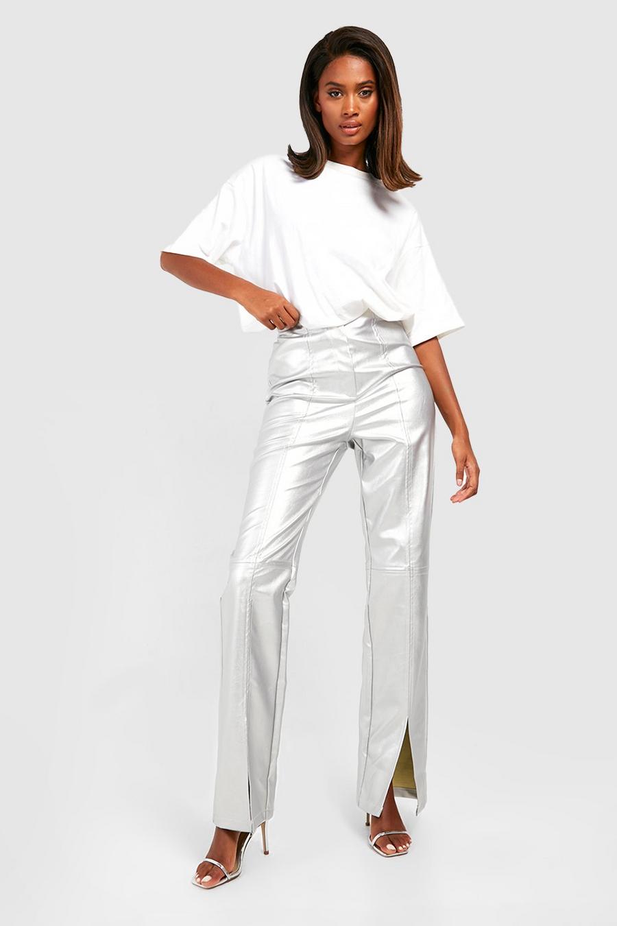 Silver Matte Metallic Leather Look Split Front Trousers image number 1