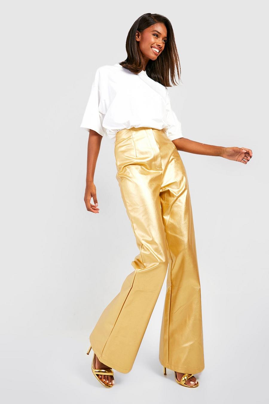 Gold Matte Metallic Faux Leather Flared Pants image number 1