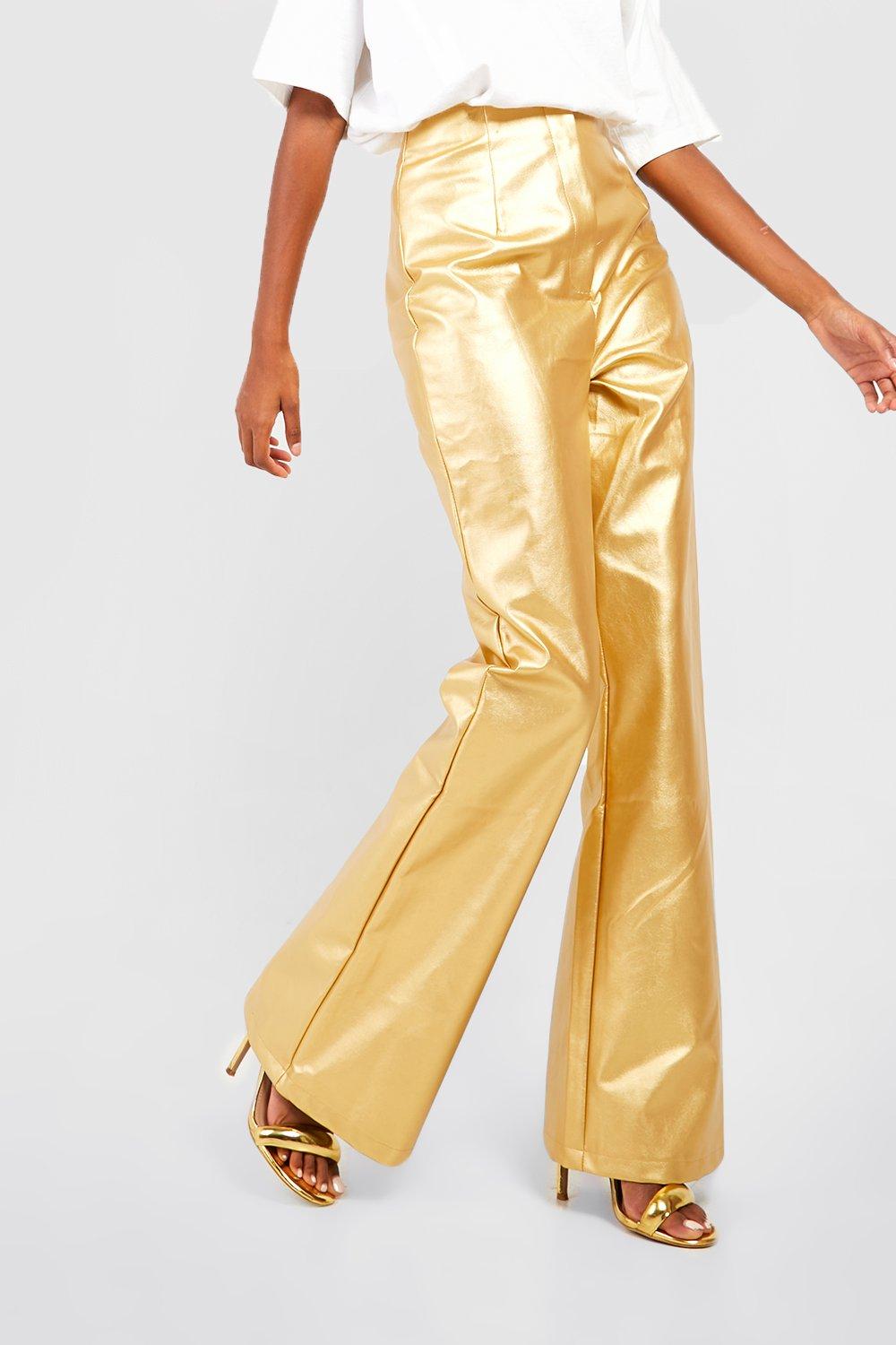 Matte Metallic Leather Look Flared Trousers