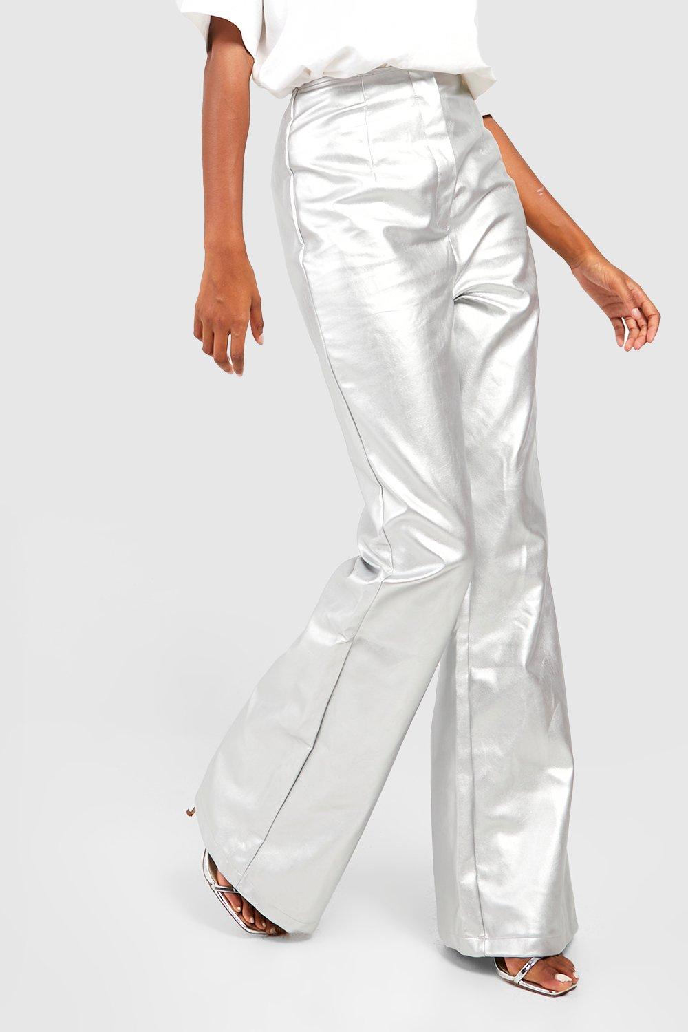 Women's Matte Metallic Leather Look Flared Trousers | Boohoo UK