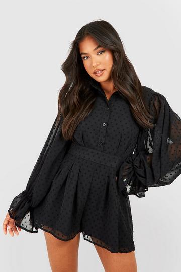 Petite Dobby Chiffon Puff Sleeve Romper black