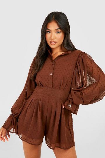 Petite Dobby Chiffon Puff Sleeve Romper chocolate