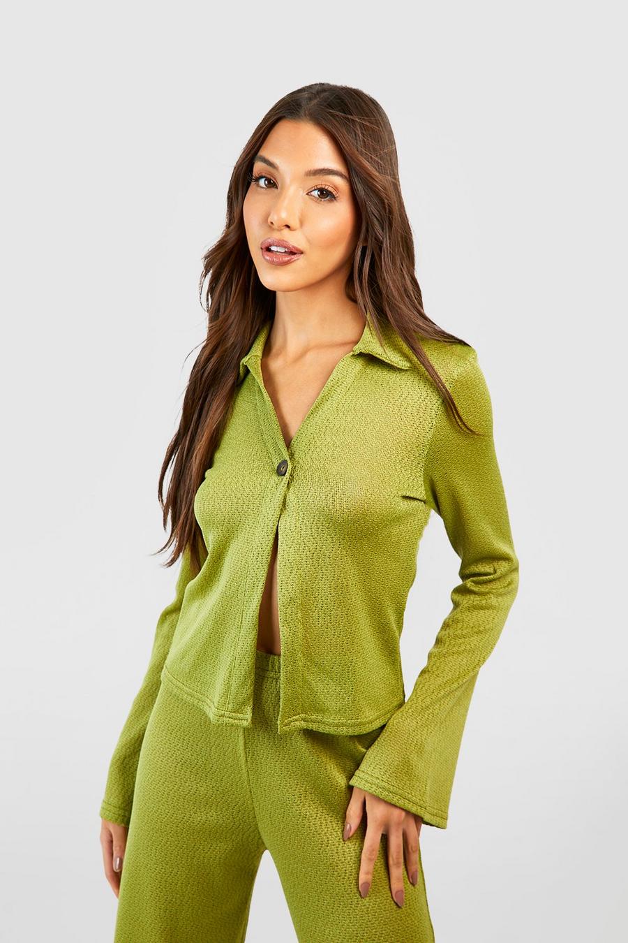 Olive grön Textured Flared Sleeve Shirt
