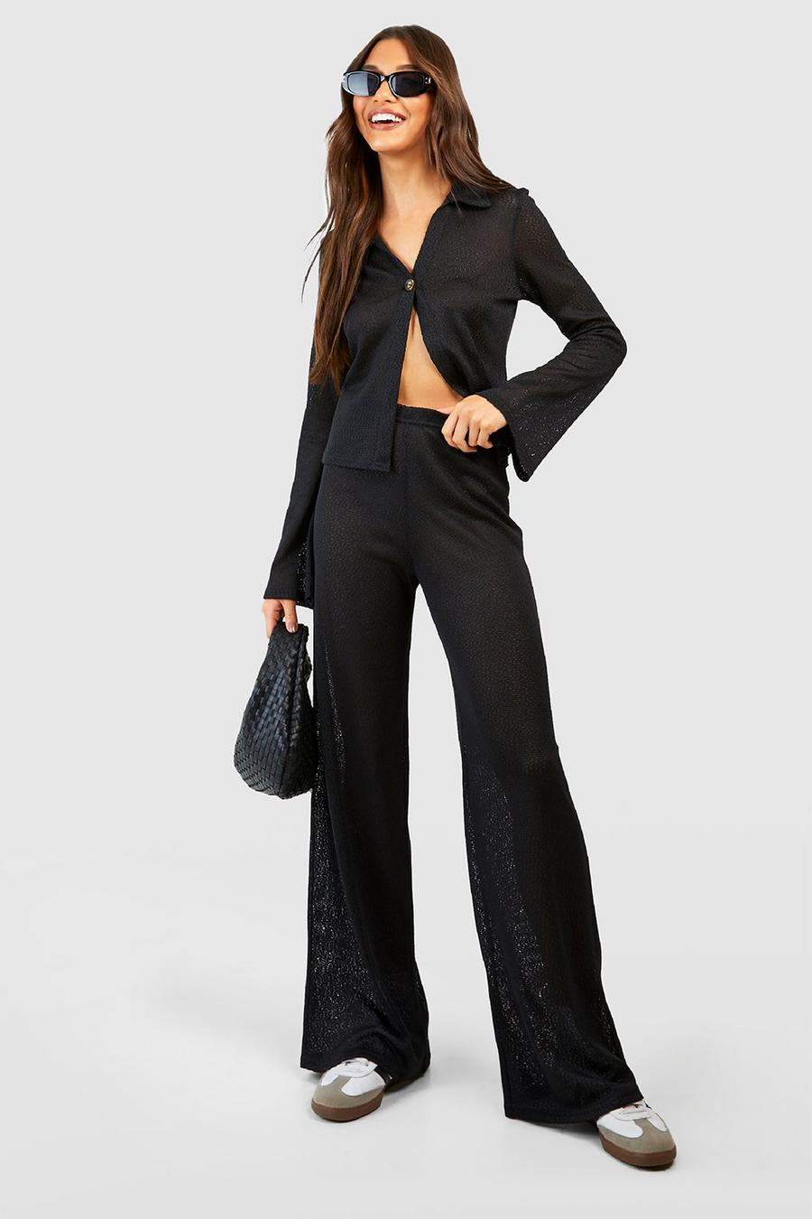 Black Textured Slouchy Straight Leg Pants image number 1