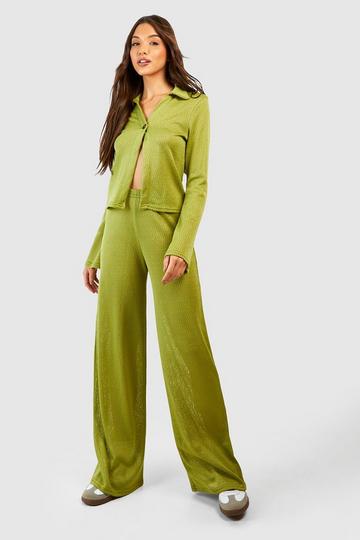 Olive Green Textured Slouchy Straight Leg Pants