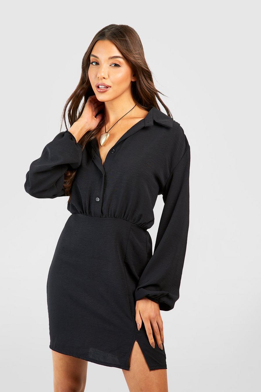 Black Textured Fabric Split Detail Shirt Dress image number 1