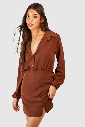 Chocolate Brown Textured Fabric Split Detail Shirt Dress