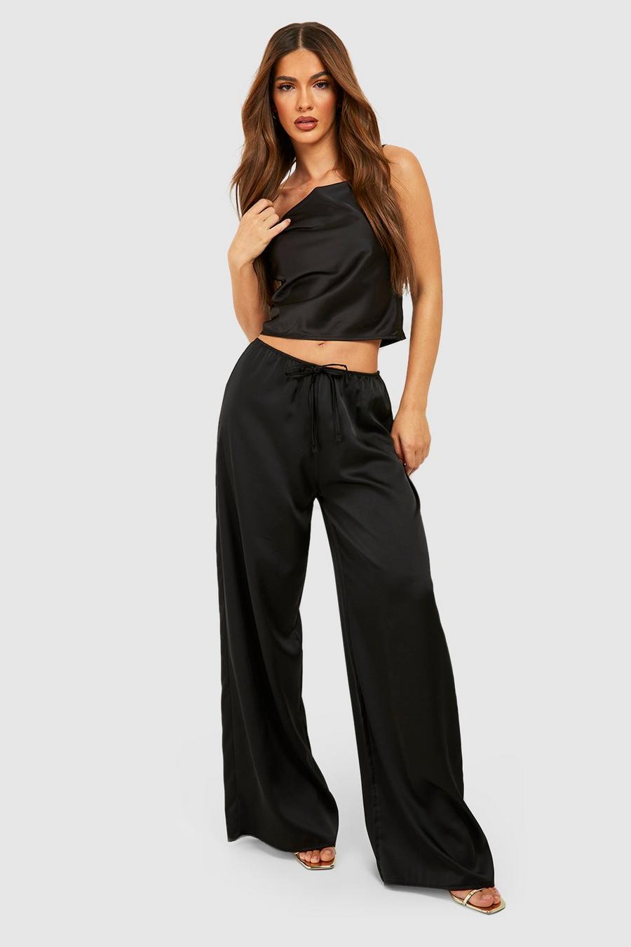 Black Champagne Satin Wide Leg Trousers image number 1