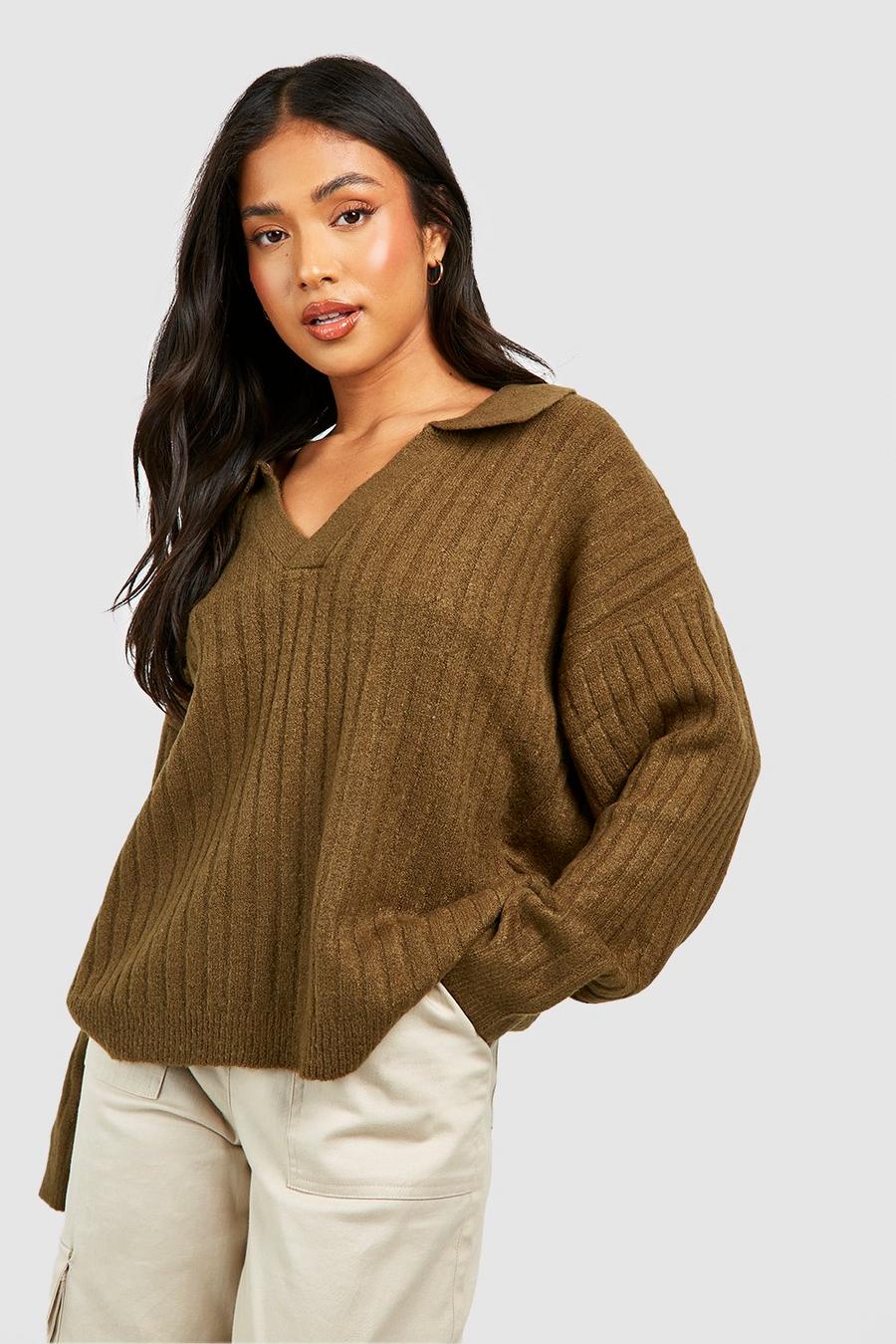 Khaki Petite Collar Detail Sweater image number 1