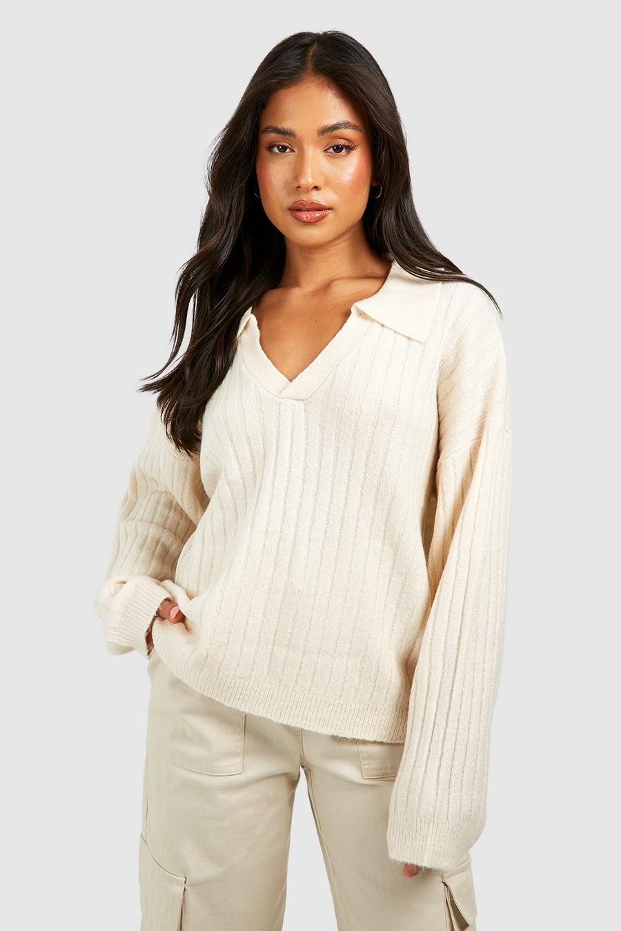 Cream Petite Collar Detail Sweater