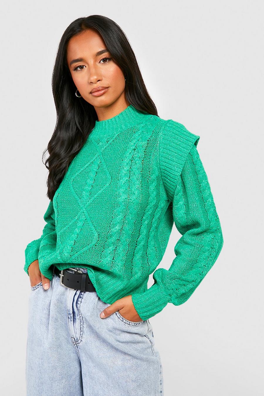 Green Petite Kabelstickad tröja med axeldetaljer image number 1