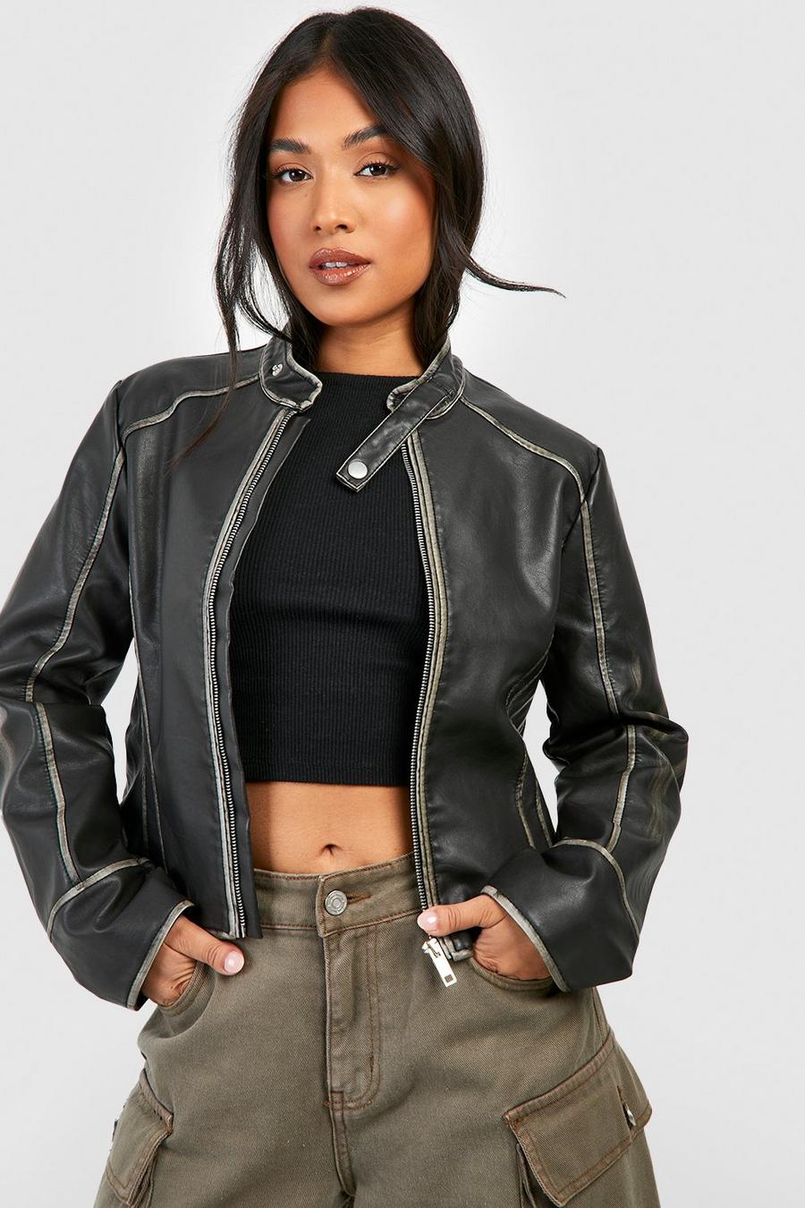 Black Petite Vintage Look Moto Faux Leather  Jacket image number 1