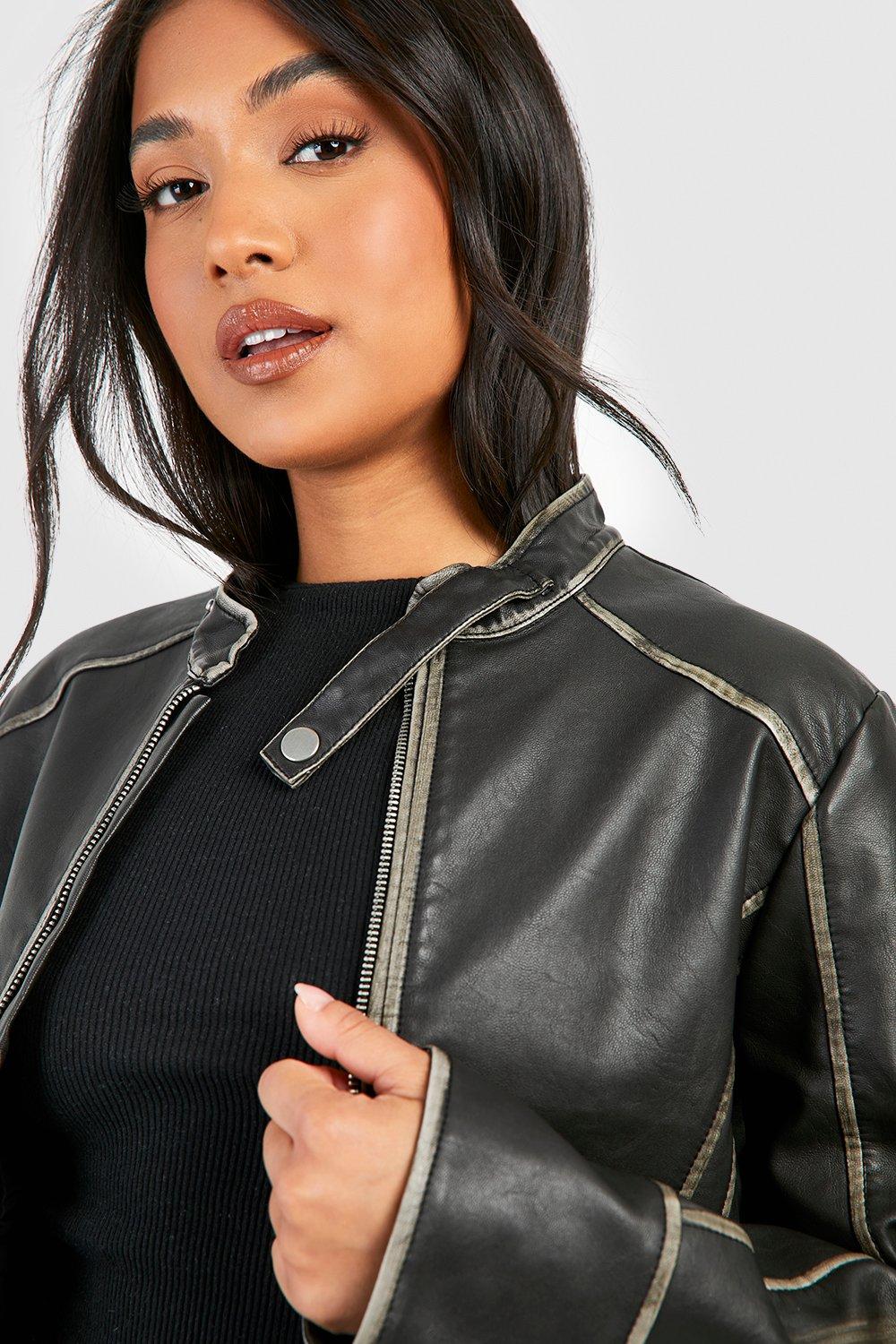 boohoo Petite Vintage Look Moto Faux Leather Jacket Black Size 2