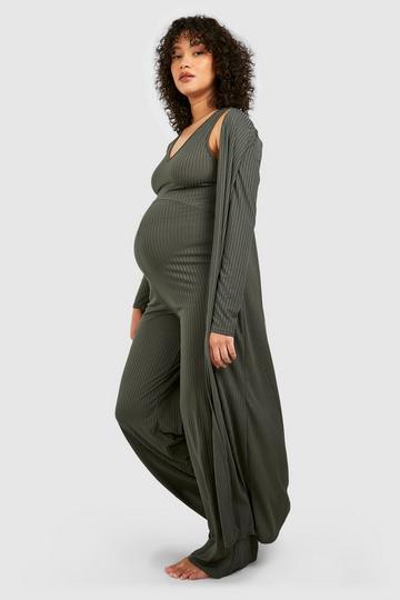 Maternity Rib Jumpsuit & Duster Lounge Set khaki