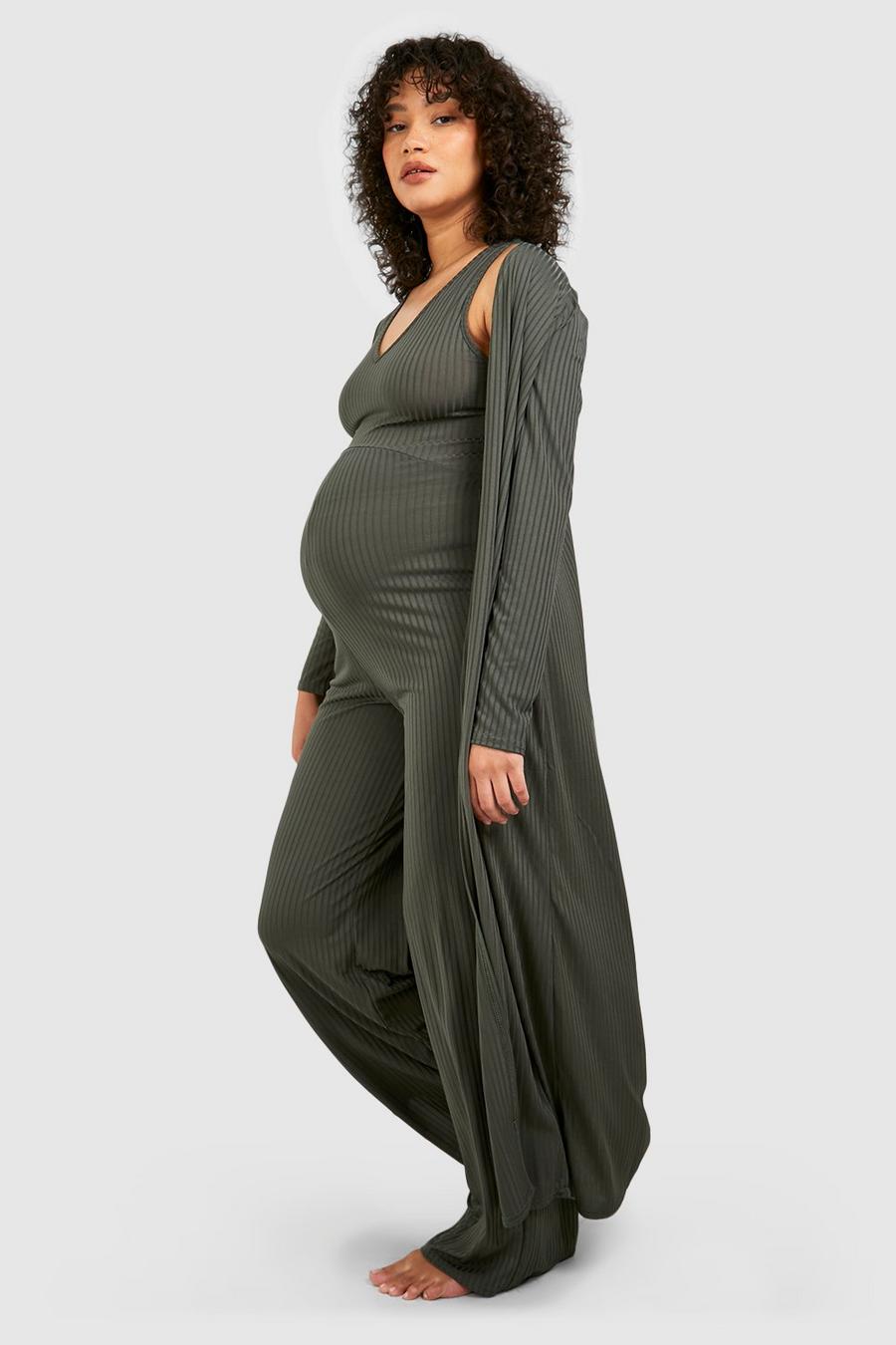 Khaki Maternity Rib Jumpsuit & Duster Lounge Set image number 1