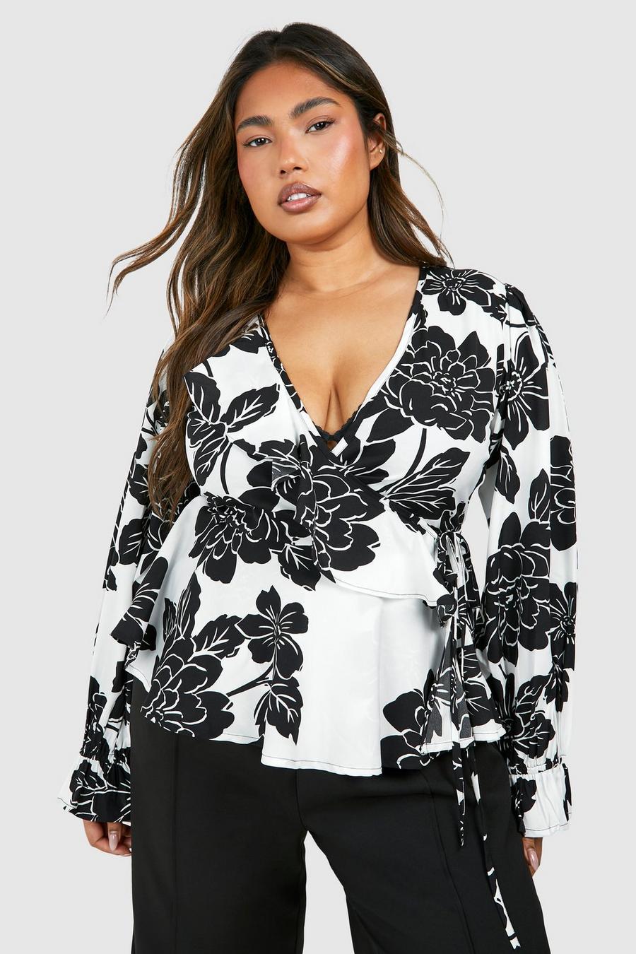 Ivory Plus Mono Floral Ruffle Wrap Top image number 1