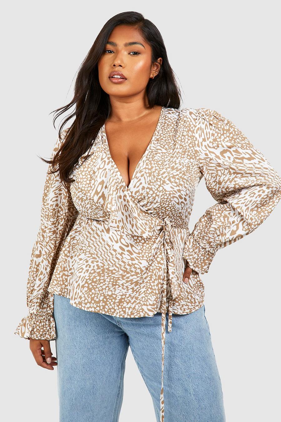 Stone Plus Leopard Ruffle Wrap Top image number 1
