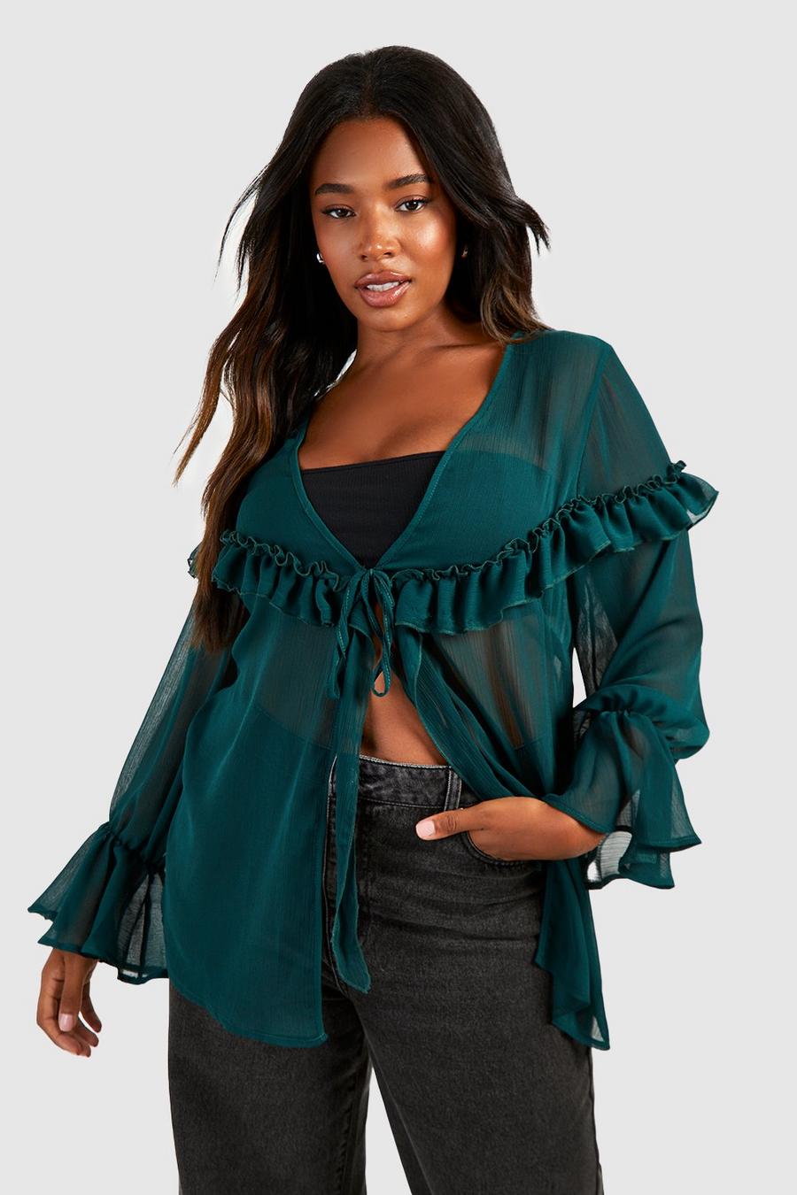 Teal Plus Ruffle Tie Front Blouse image number 1