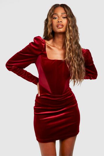 Velvet Panelled Puff Sleeve Mini Dress berry