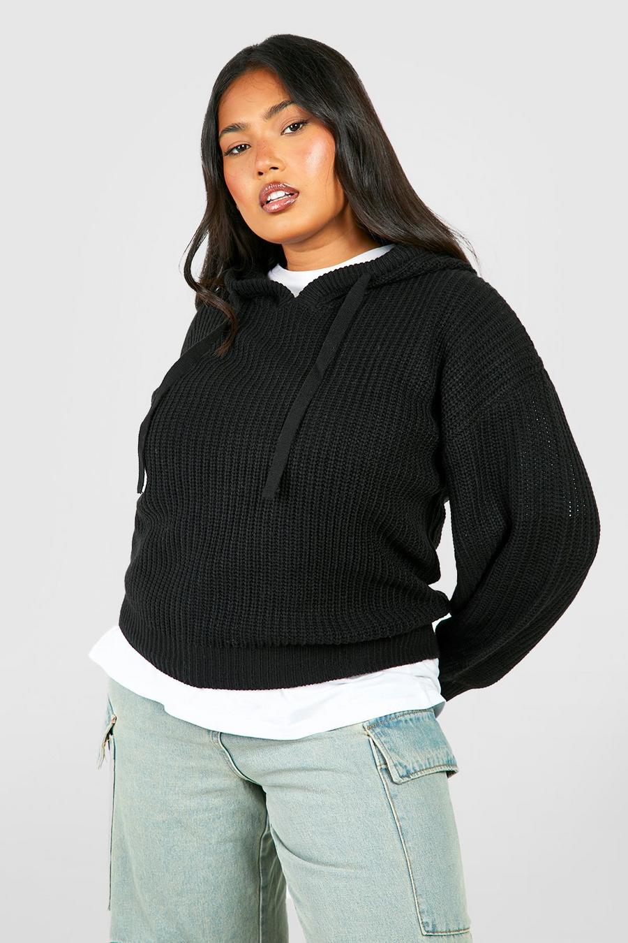 Maglione Plus Size da donna in maglia stile pescatore con cappuccio, Black nero
