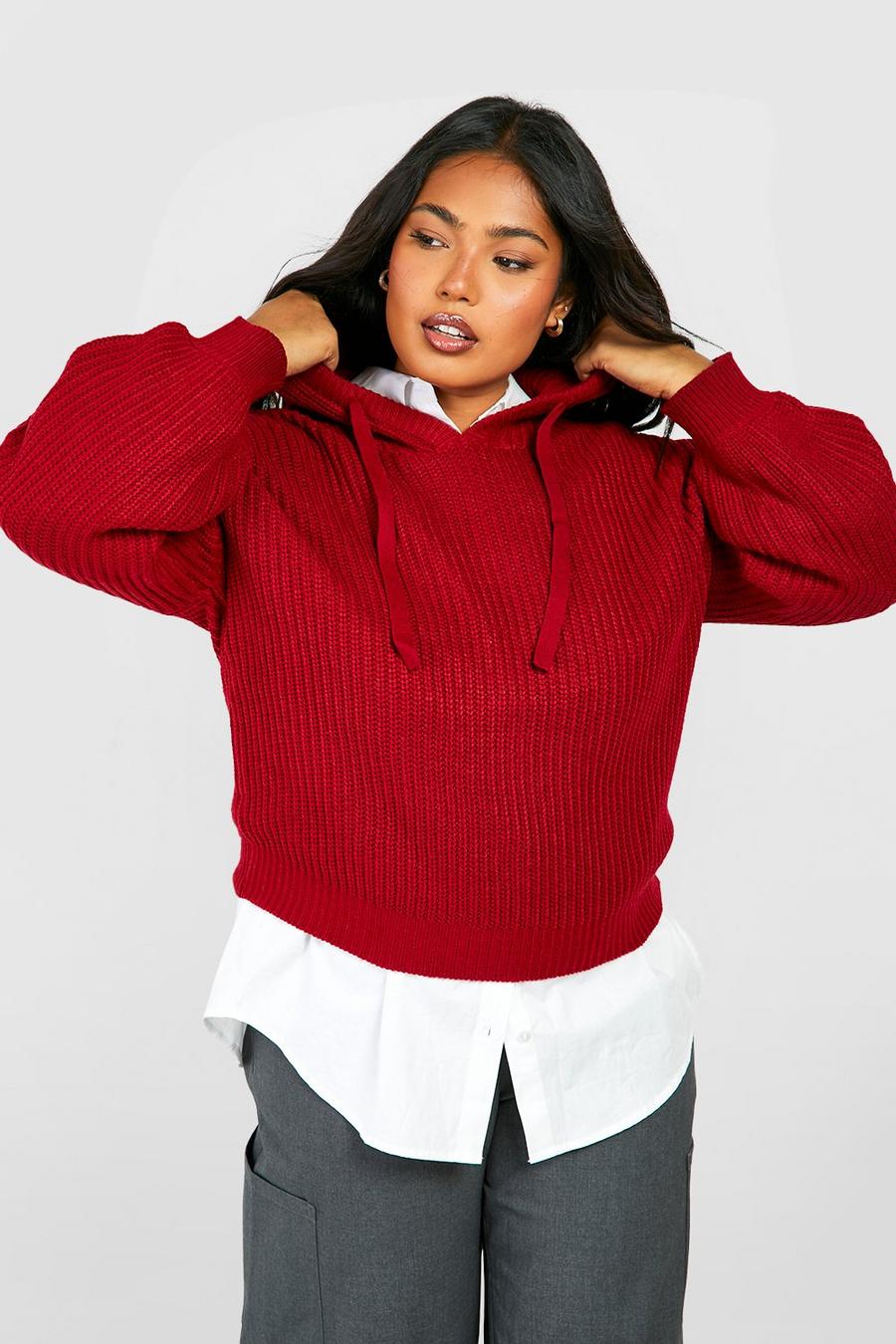 Maglione Plus Size da donna in maglia stile pescatore con cappuccio, Burgundy rosso