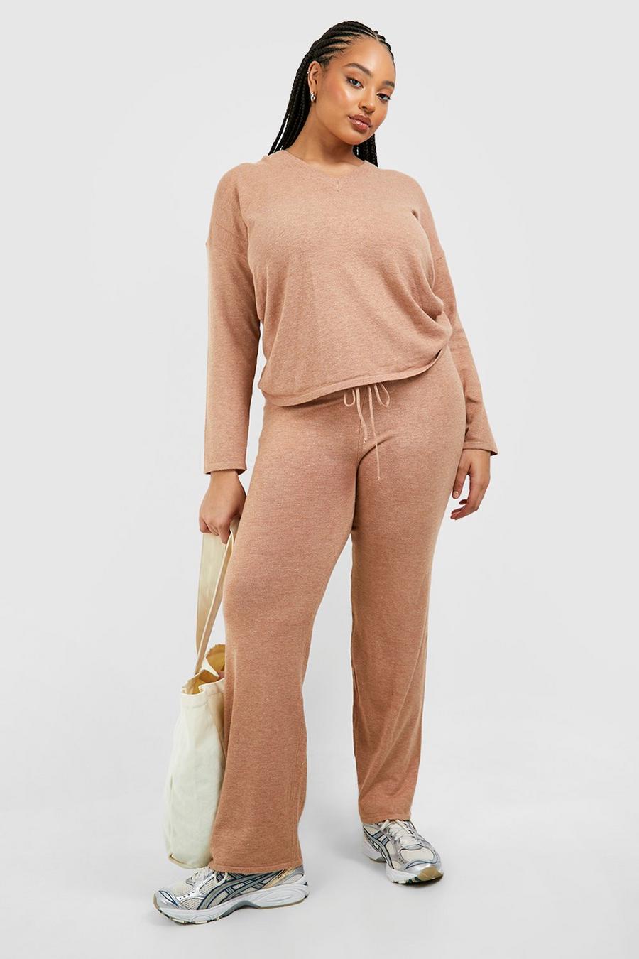 Maglione Plus Size in maglia morbida con scollo a V & pantaloni coordinati, Camel beige