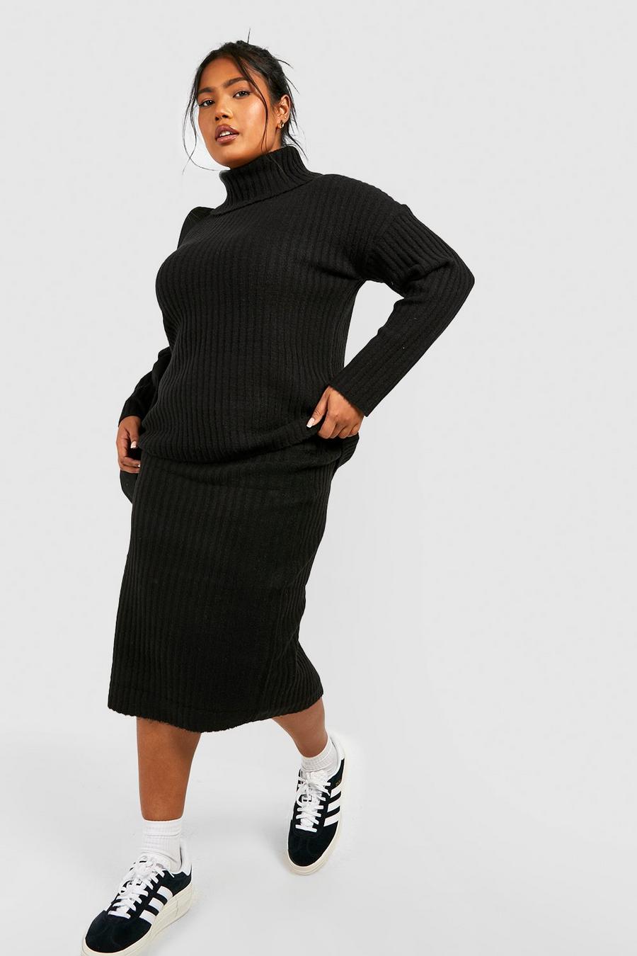 Black Plus Knitted Midi Skirt And Turtleneck Two-Piece