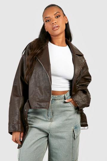 Brown Plus Vintage Faux Leather Crop Moto Jacket