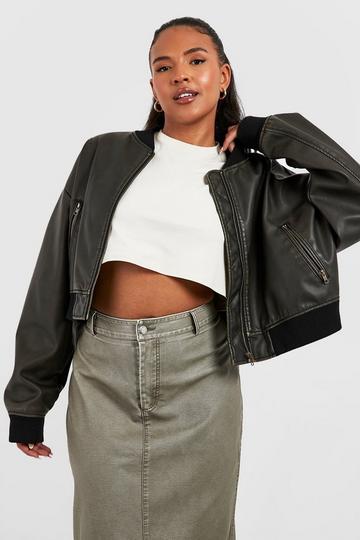 Plus Vintage Look Faux Leather Oversized Bomber Jacket grey