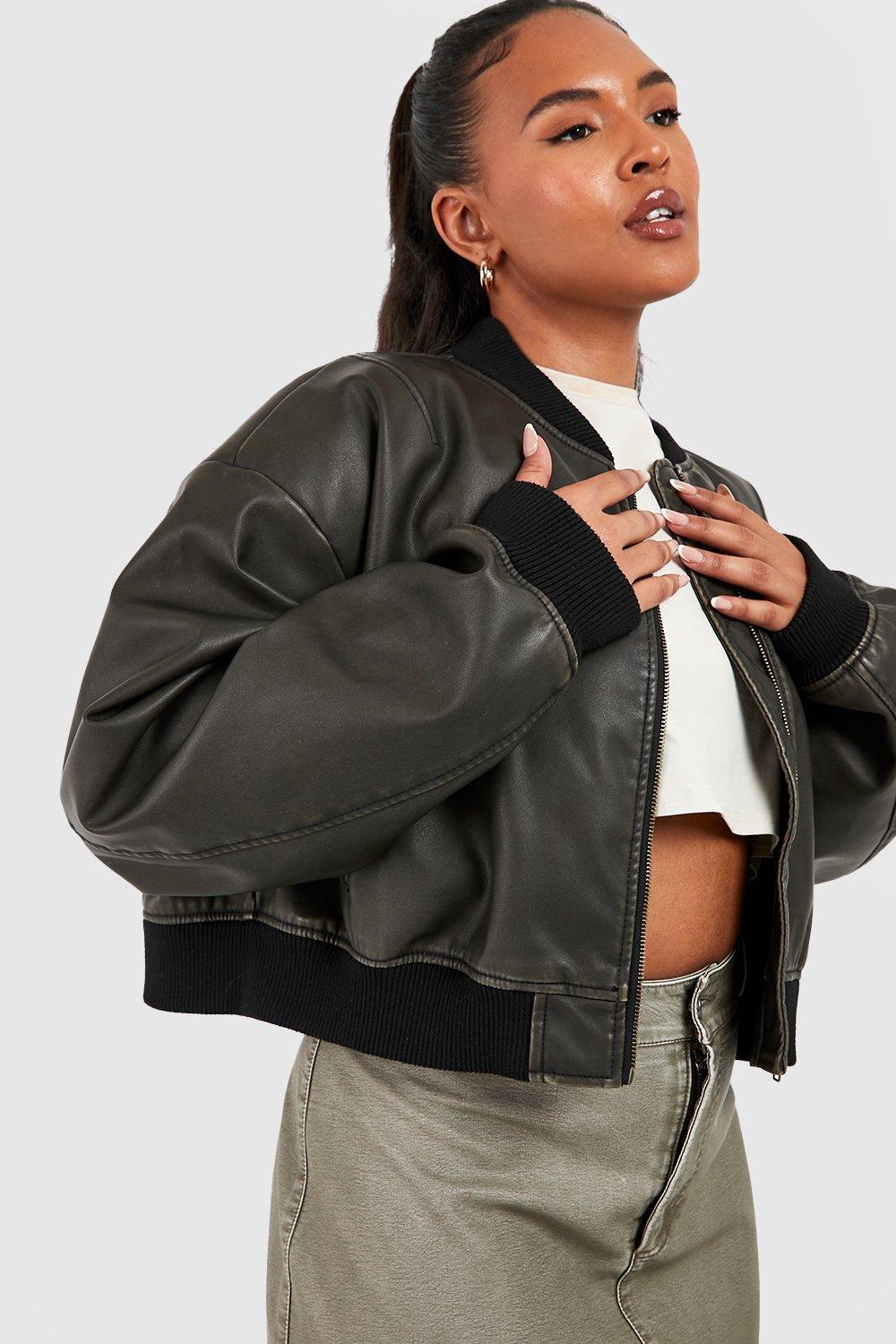 Vintage Look Oversized Faux Leather Bomber Jacket