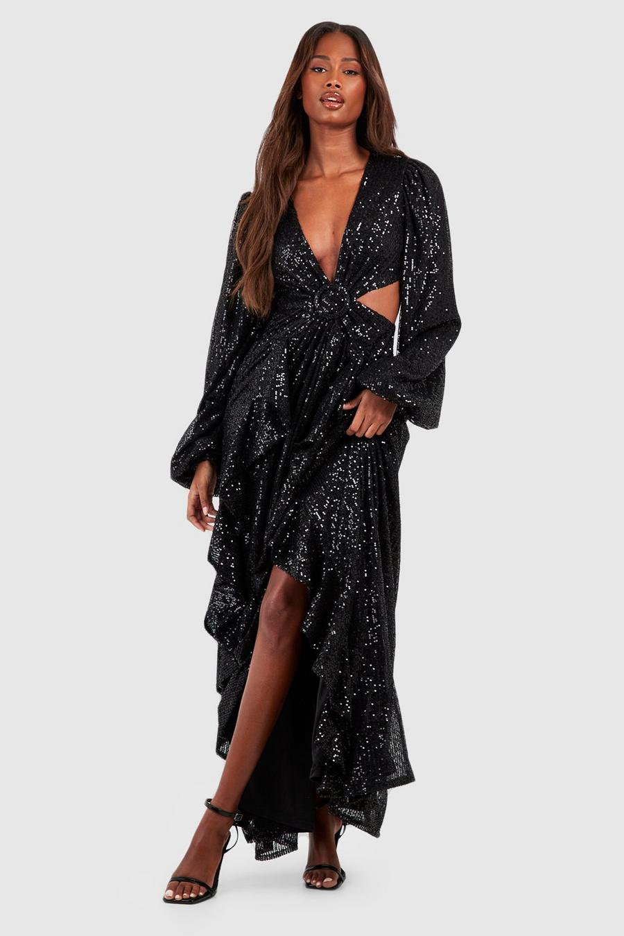 Black Sequin Ruffle Ring Detail Maxi Dress