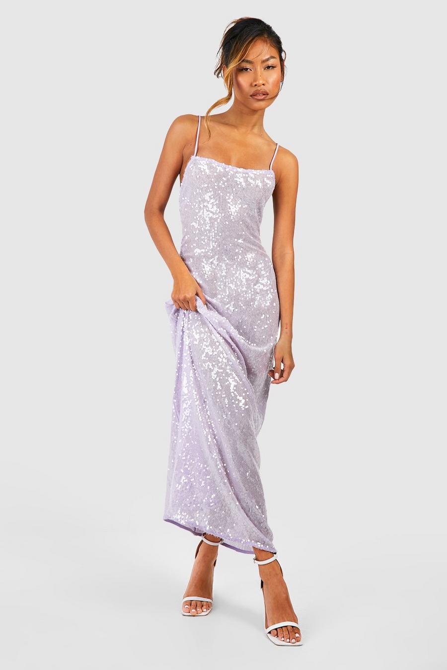 Lilac Sheer Sequin Strappy Low Back Maxi Dress image number 1