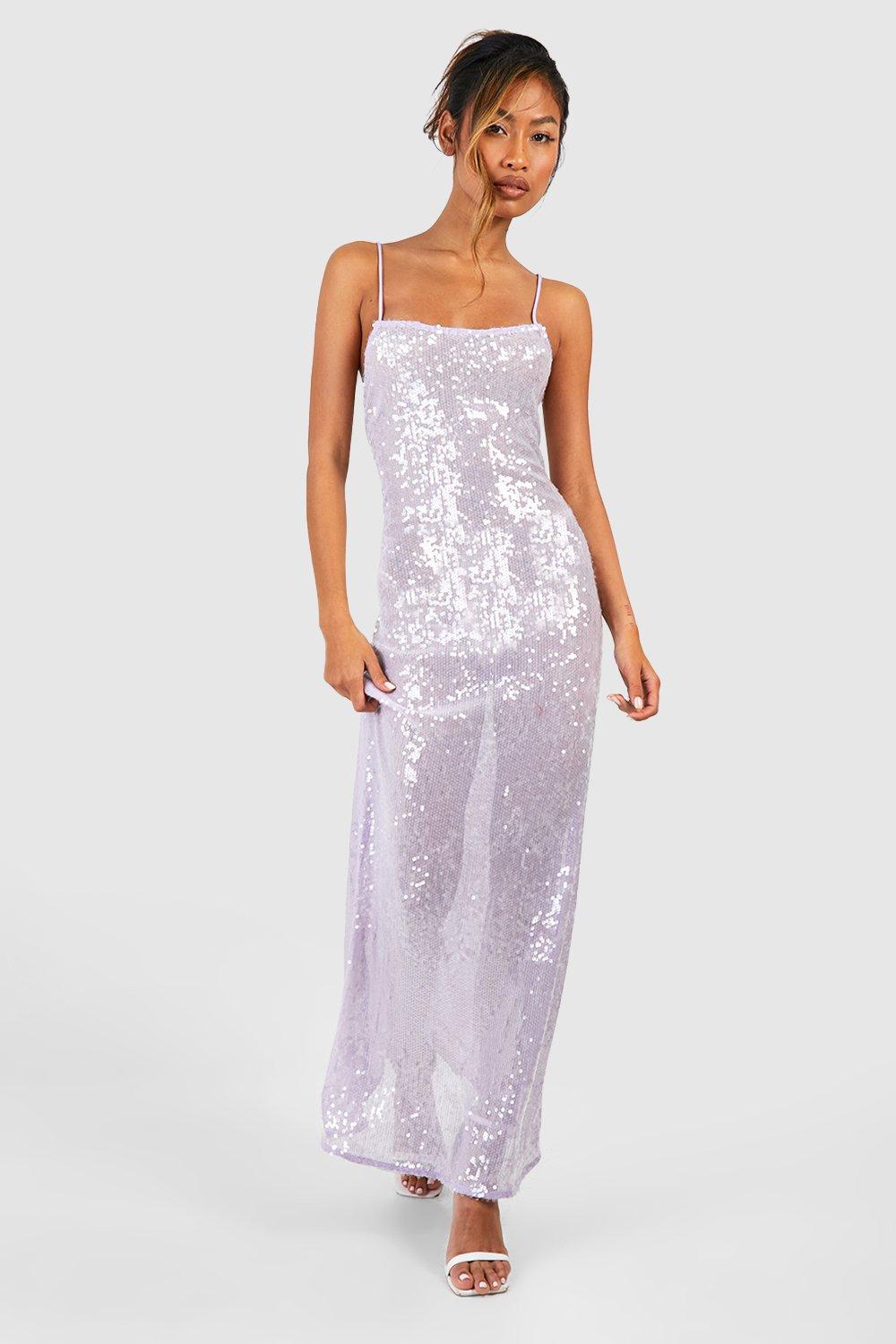 Women's Sheer Sequin Strappy Low Back Maxi Dress