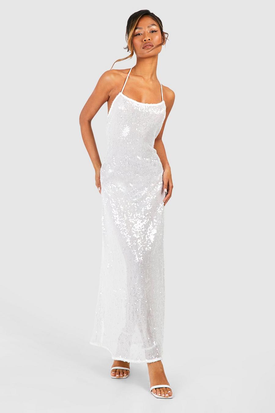 White Sheer Sequin Strappy Low Back Maxi Miu Dress image number 1