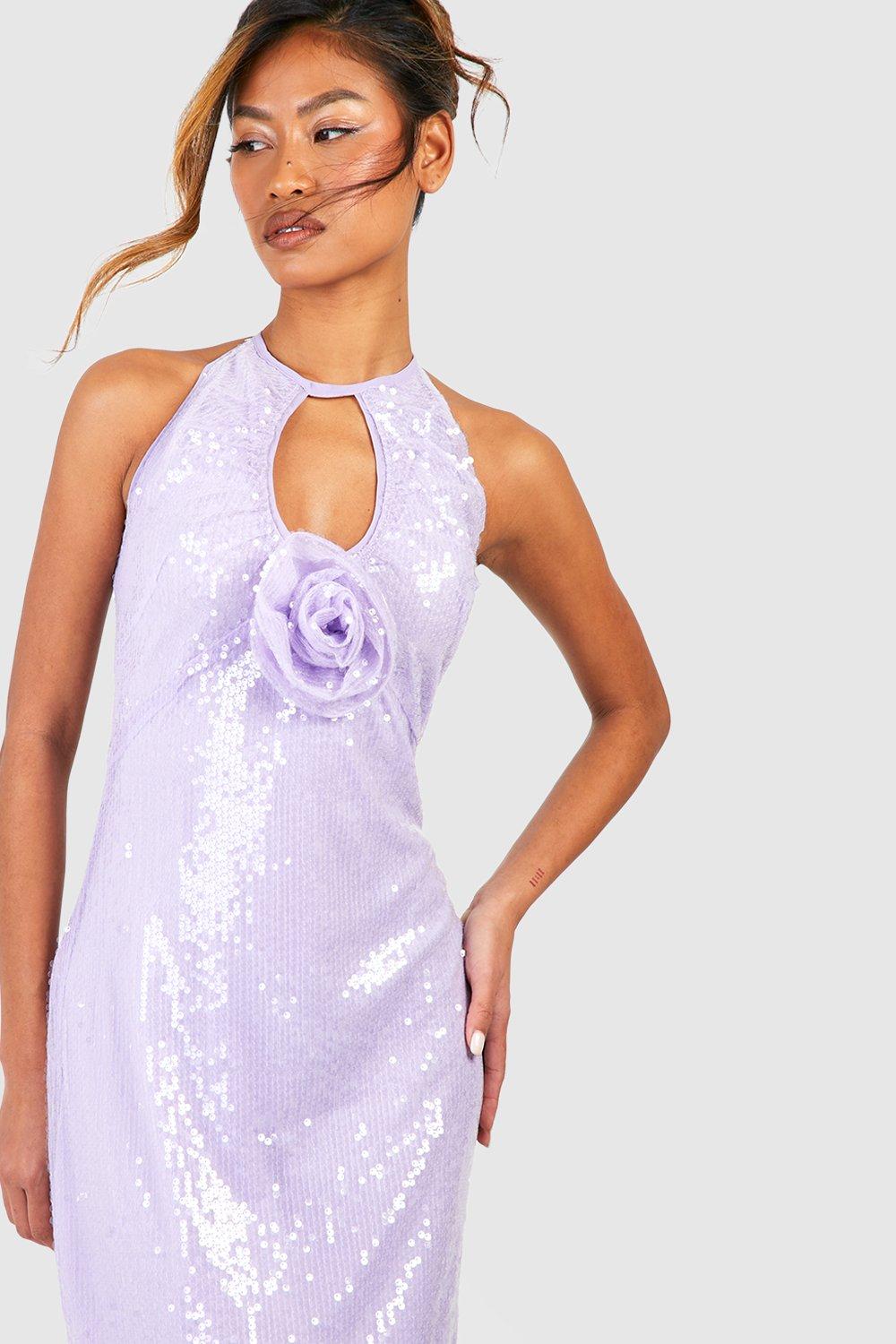 Women's Lilac Sequin High Neck Rose Detail Maxi Dress