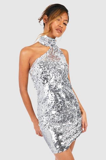 Sequin Halter Drape Mini Dress silver
