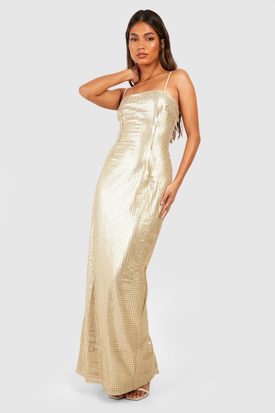 Gold Långklänning med paljetter och fyrkantig halsringning image number 1