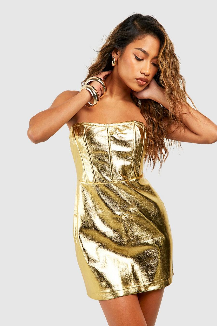 Gold Kort korsettklänning med metalliceffekt image number 1