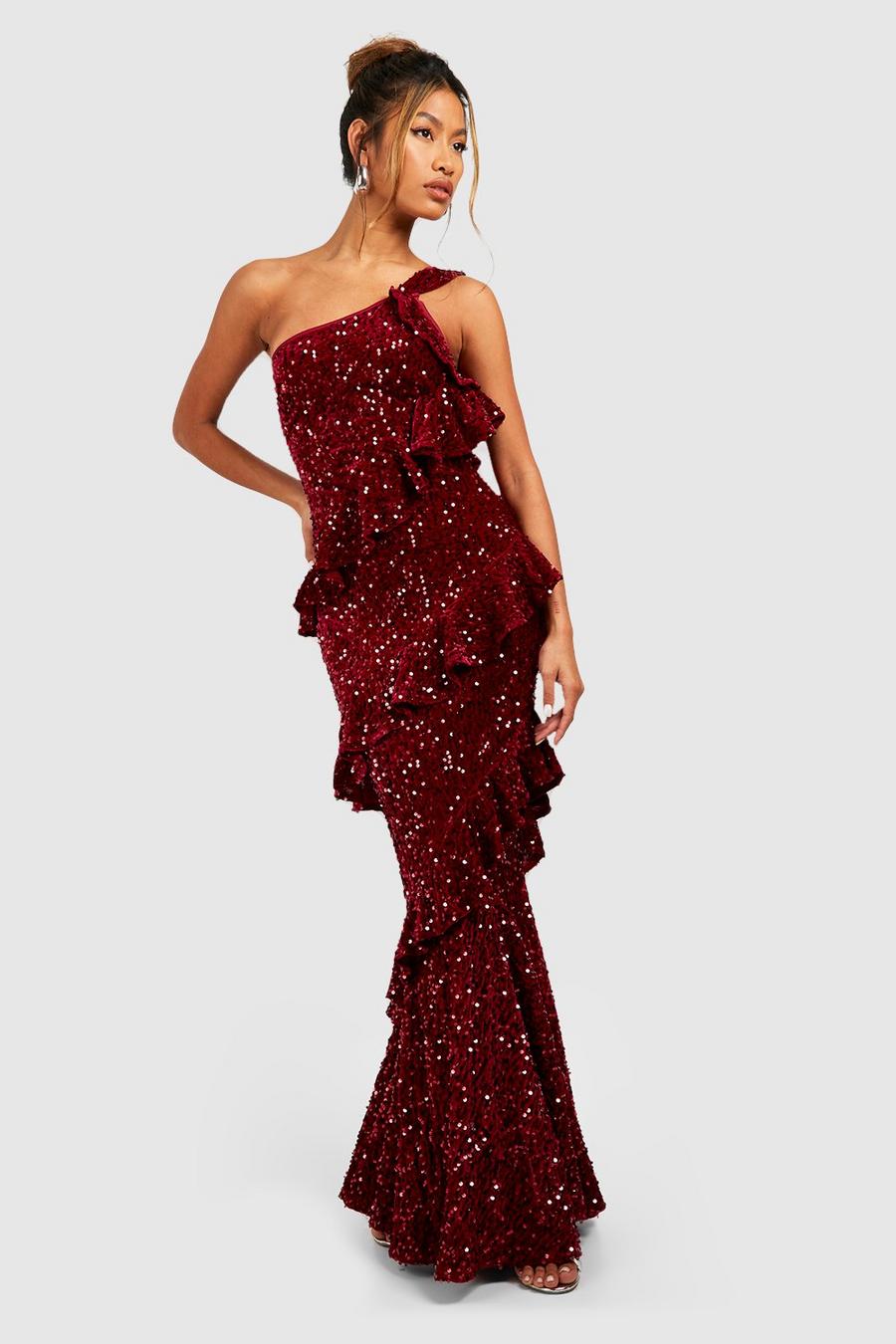 Robe longue asymétrique en velours à paillettes, Berry