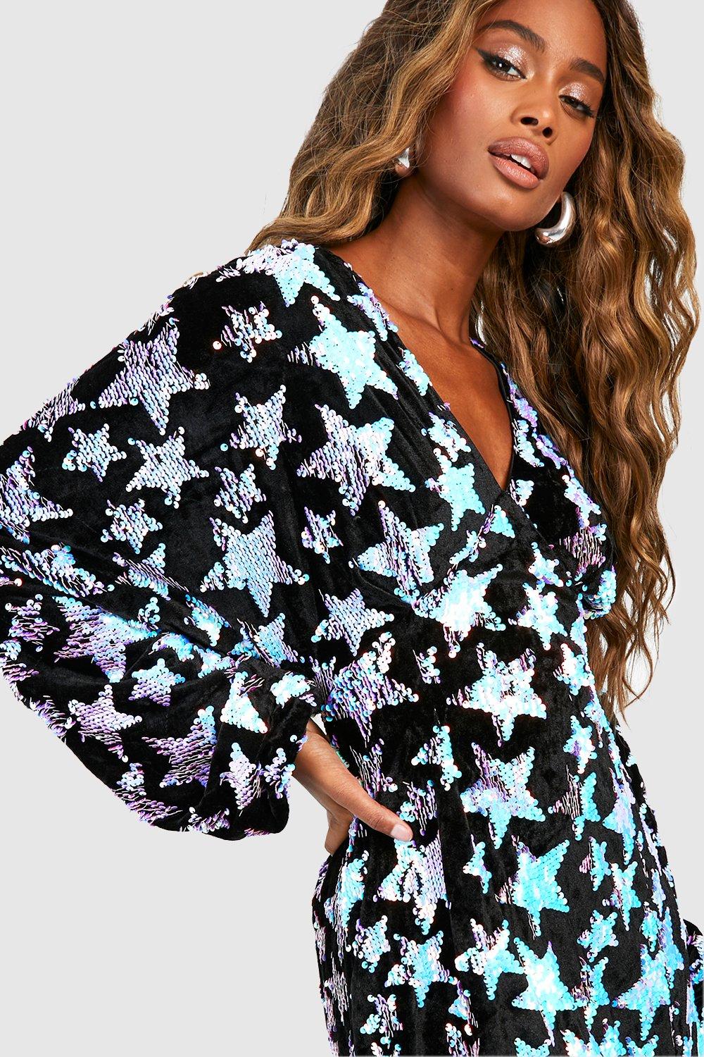 Women s Sequin Star Batwing Mini Dress Boohoo UK