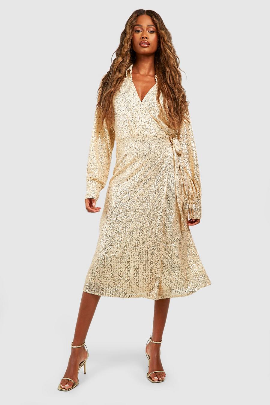 Champagne Sequin Wrap Midi Dress image number 1