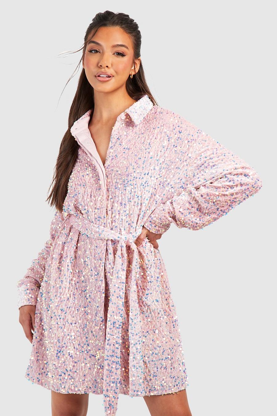 Robe chemise oversize en velours à ceinture, Baby pink image number 1
