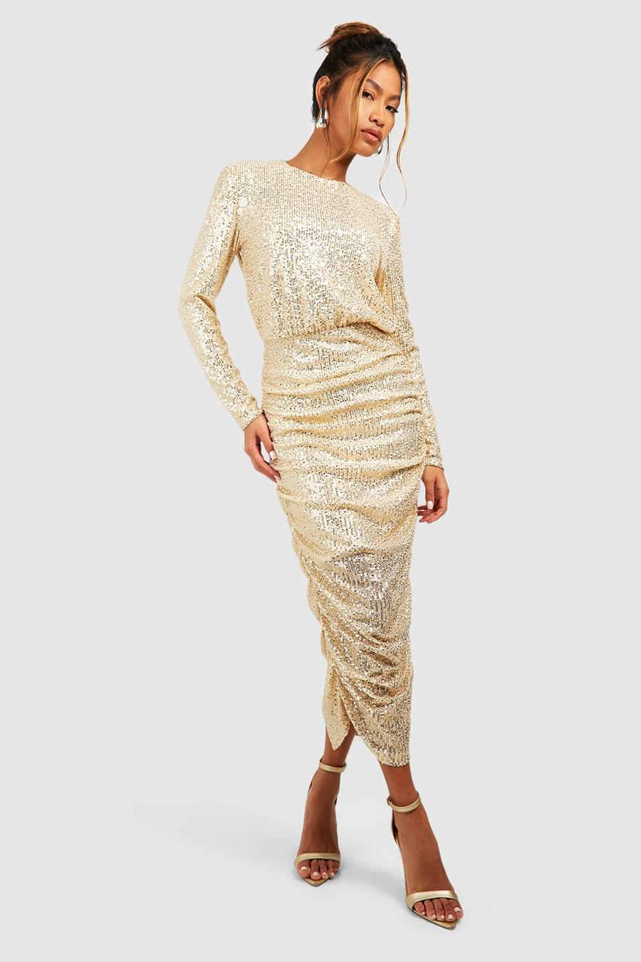 Champagne Sequin Ruched Midi Dress image number 1